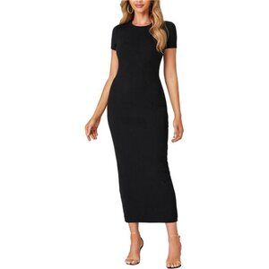 Luxe Black Casual Short Sleeve Ribbed Knit Bodycon Fitted Pencil Long Maxi Dress